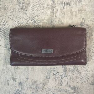 Fossil Brown Leather Trifold Wallet with Check Book